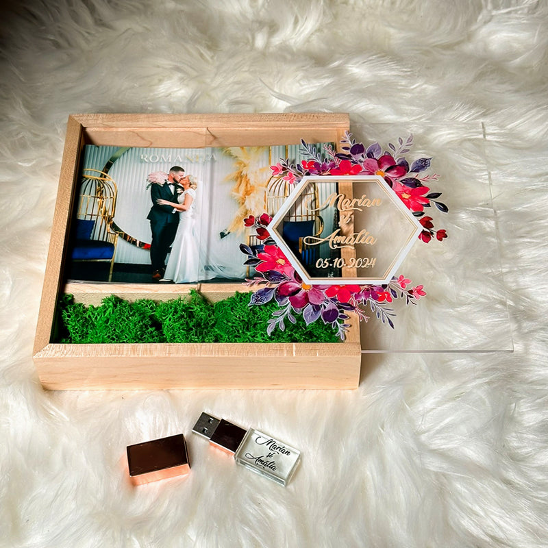 Cutie din lemn cu capac glisant pentru stick și poze 10/15cm