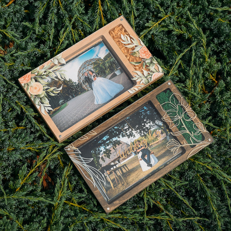 Cutie din lemn pentru stick și poze cu capac din plexiglas